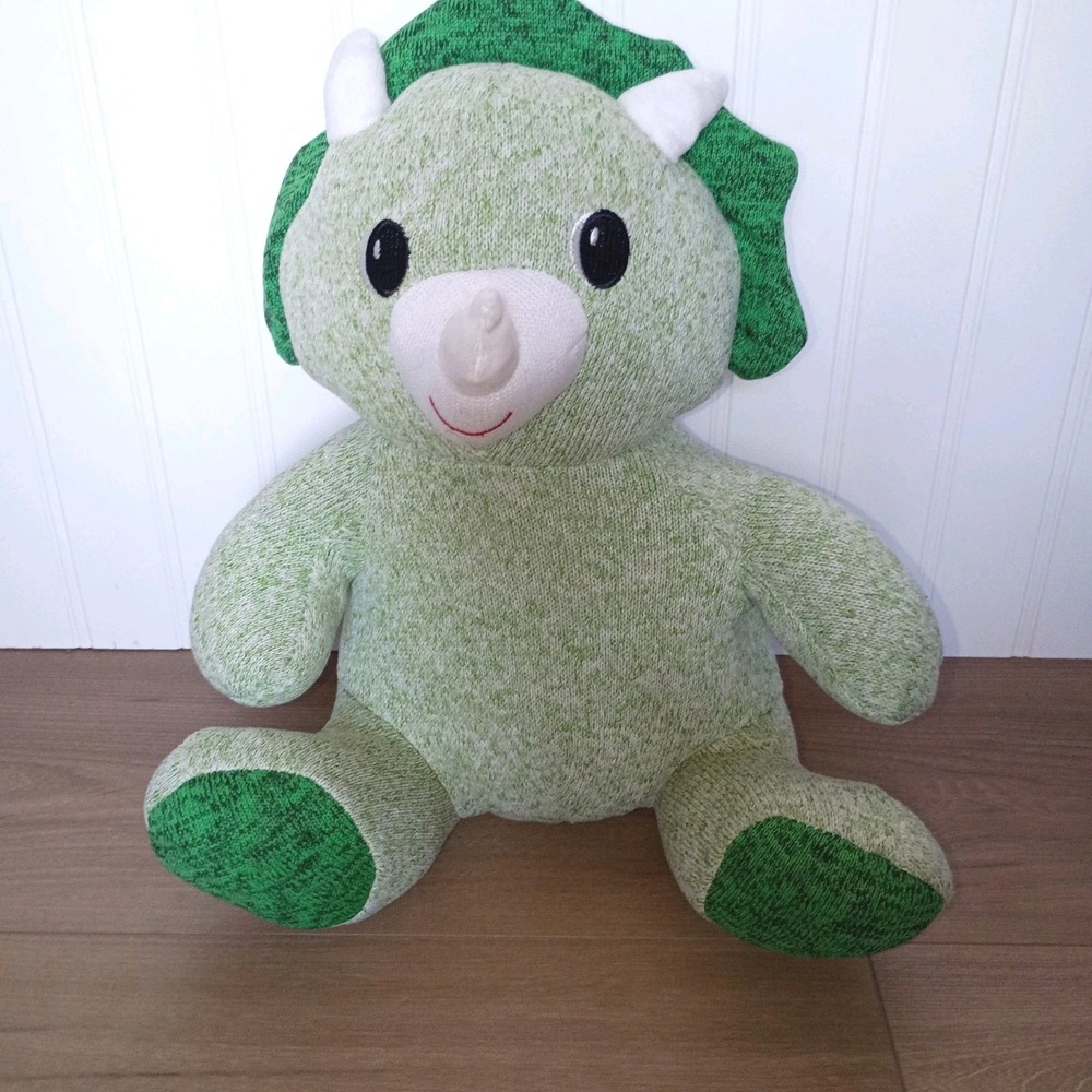 TOY BOX‎ Green Dinosaur Plush 12" Knitted Stuffed Animal Toy Green-White EUC